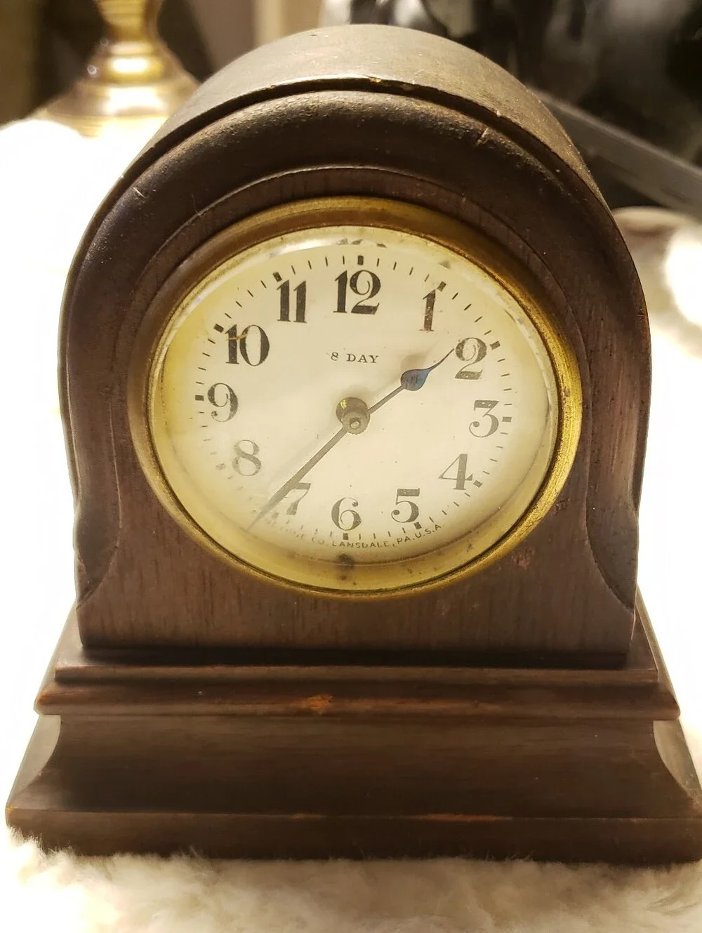 Antique Fynetone Co 8 Day Wooden Mantel Clock All Brass Movement Lansdale PA